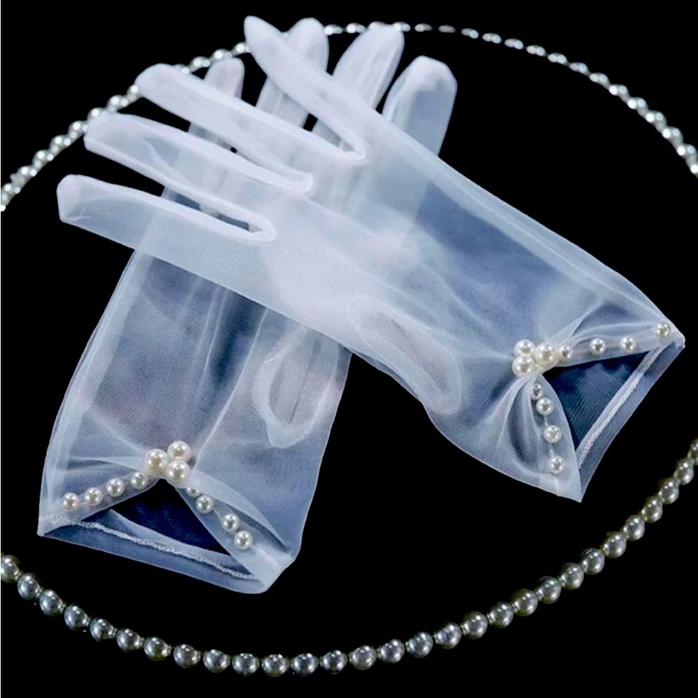 Elegant Sheer White Gloves with Pearl Accents